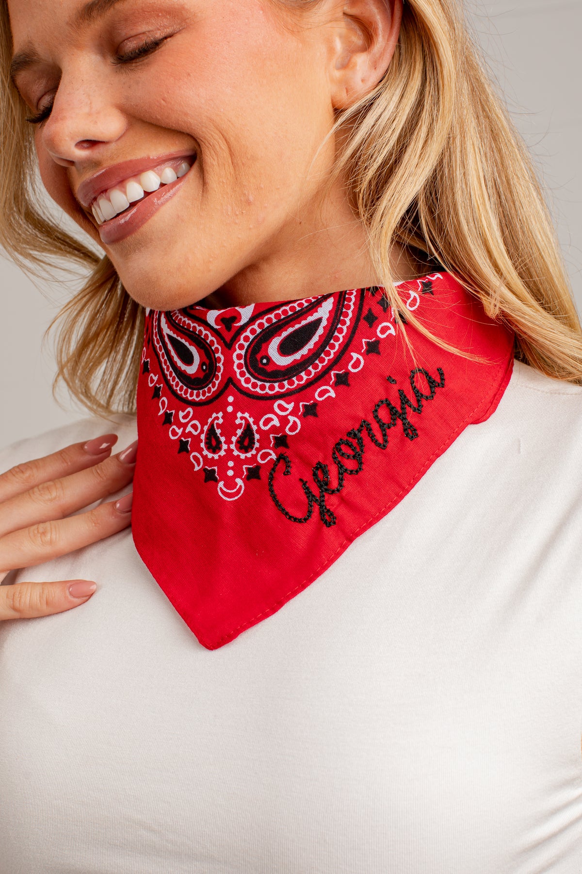 Red Georgia Black Script Embroidered Bandana