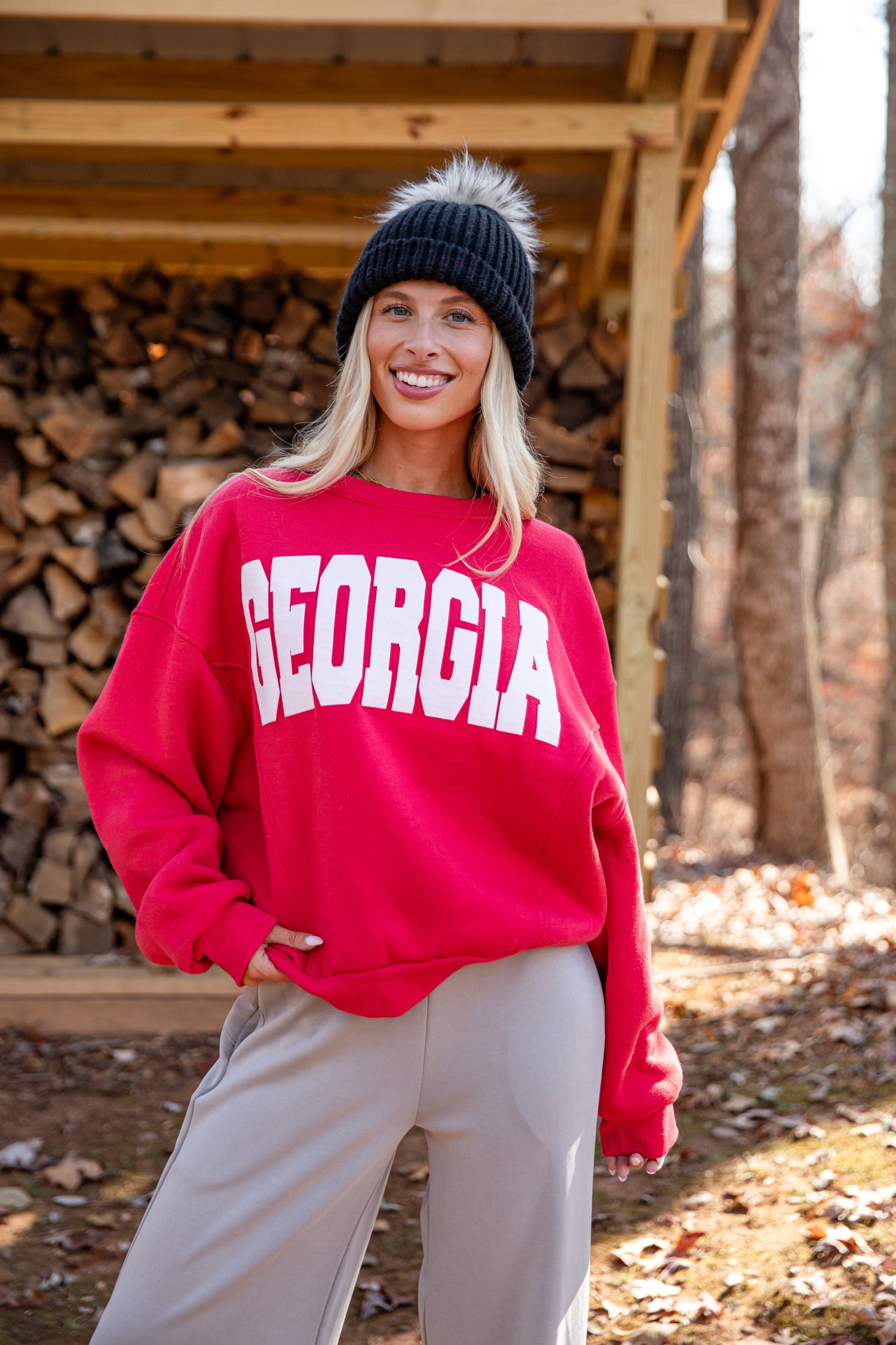 Woman wearing a red &