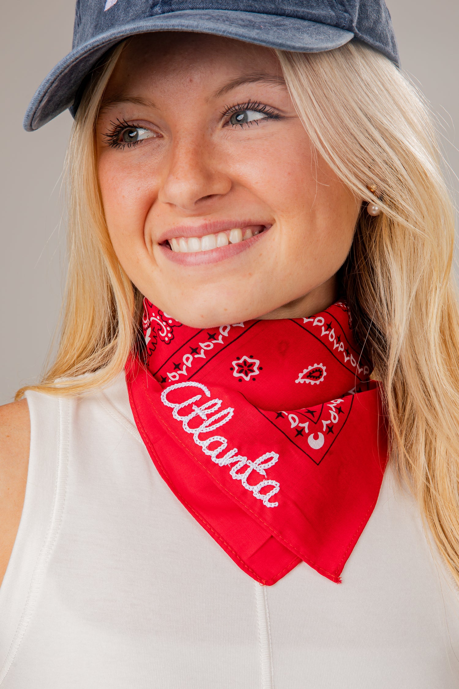 Woman wearing a red &