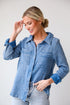 Morgan Denim Linen Button-Up Blouse features, Lightweight Crinkle Linen Fabrication, Acid Washed, Collared Neckline, Functional Button Front long Sleeves with Functional Button Cuffs