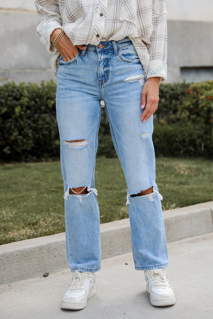 Eliza Medium Wash High-Rise Straight Leg Distressed Jeans