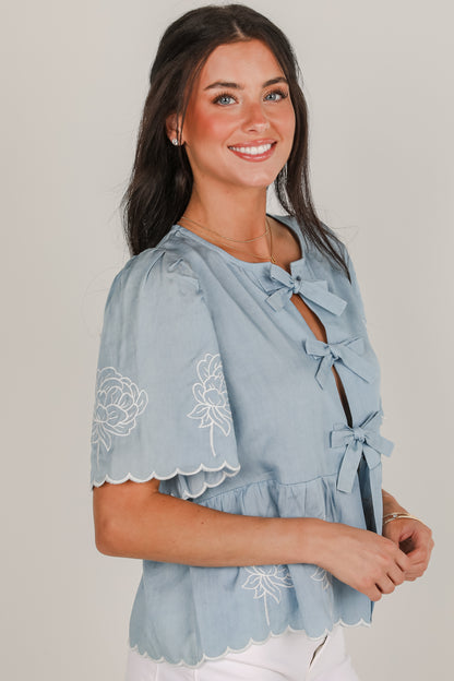 Dreams Unfolding Denim Floral Embroidered Bow Blouse
