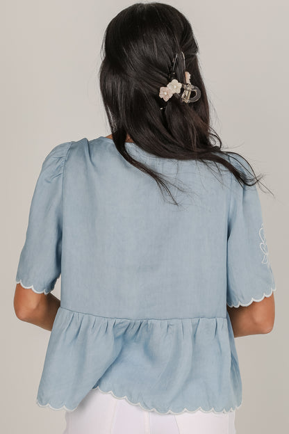 Dreams Unfolding Denim Floral Embroidered Bow Blouse