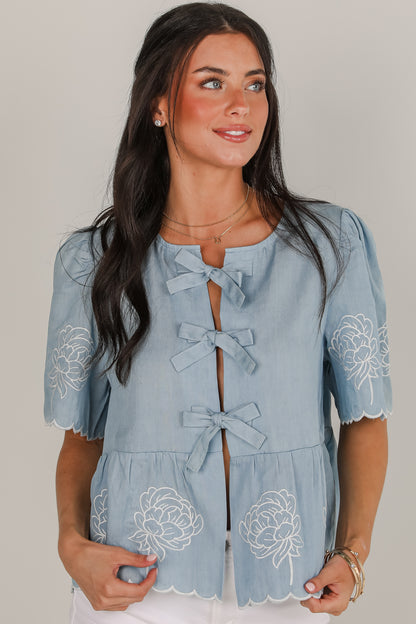 Dreams Unfolding Denim Floral Embroidered Bow Blouse