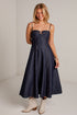 dark-wash dress features a strapless bustier-inspired bodice with defined seaming and a flattering fitted silhouette