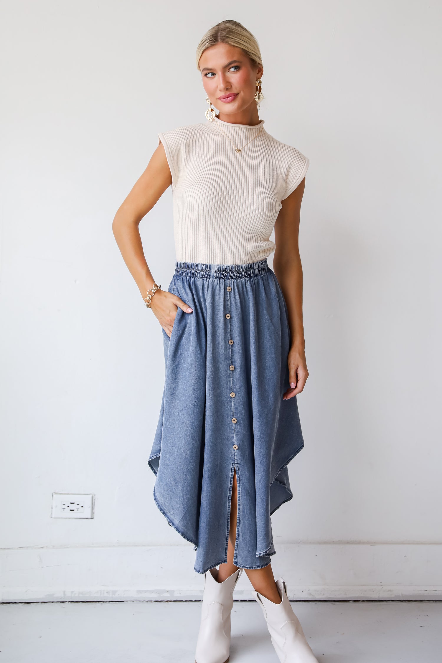 Pleasant Perception Denim Midi Skirt