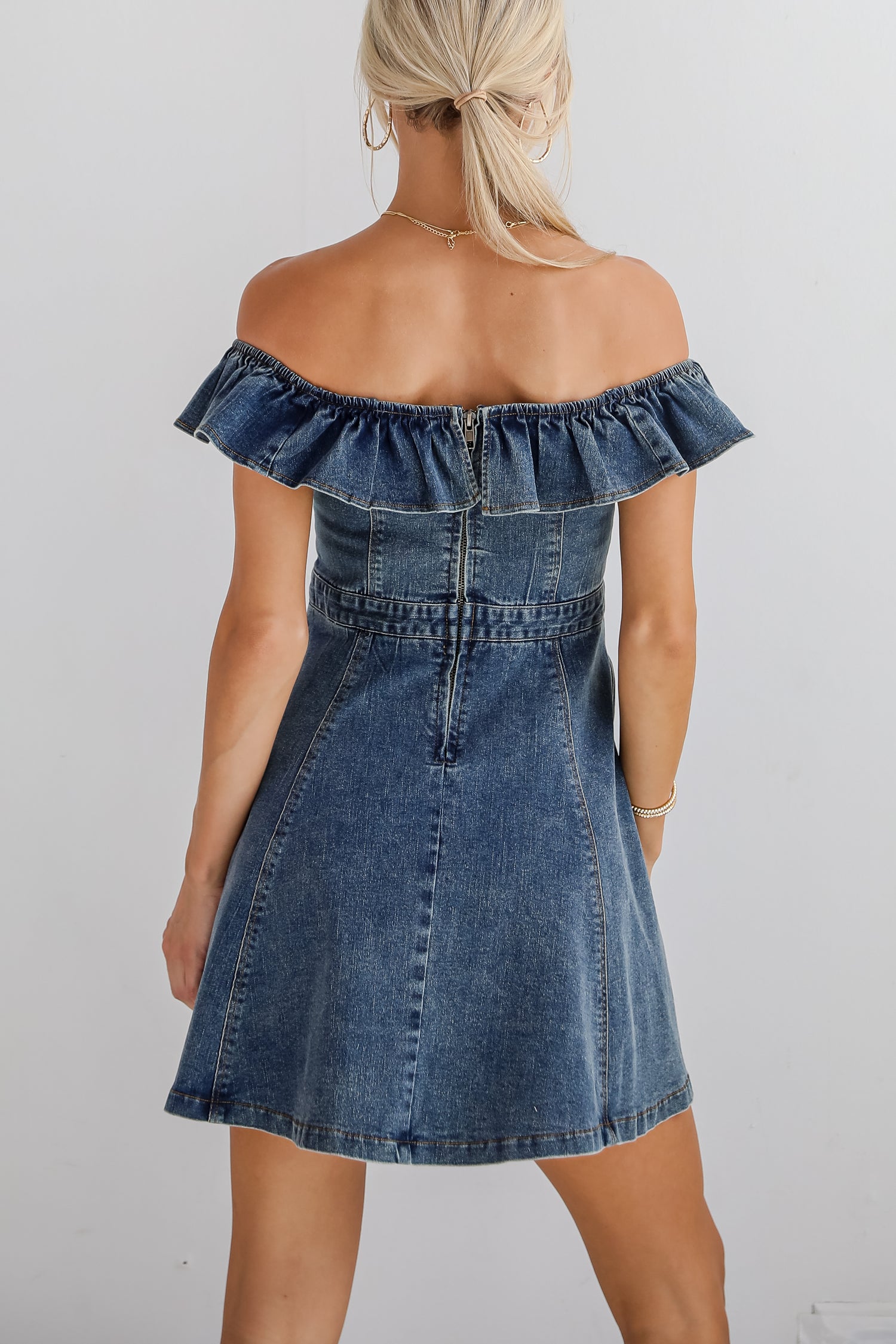 Confidently Coveted Denim Off-The-Shoulder Mini Dress