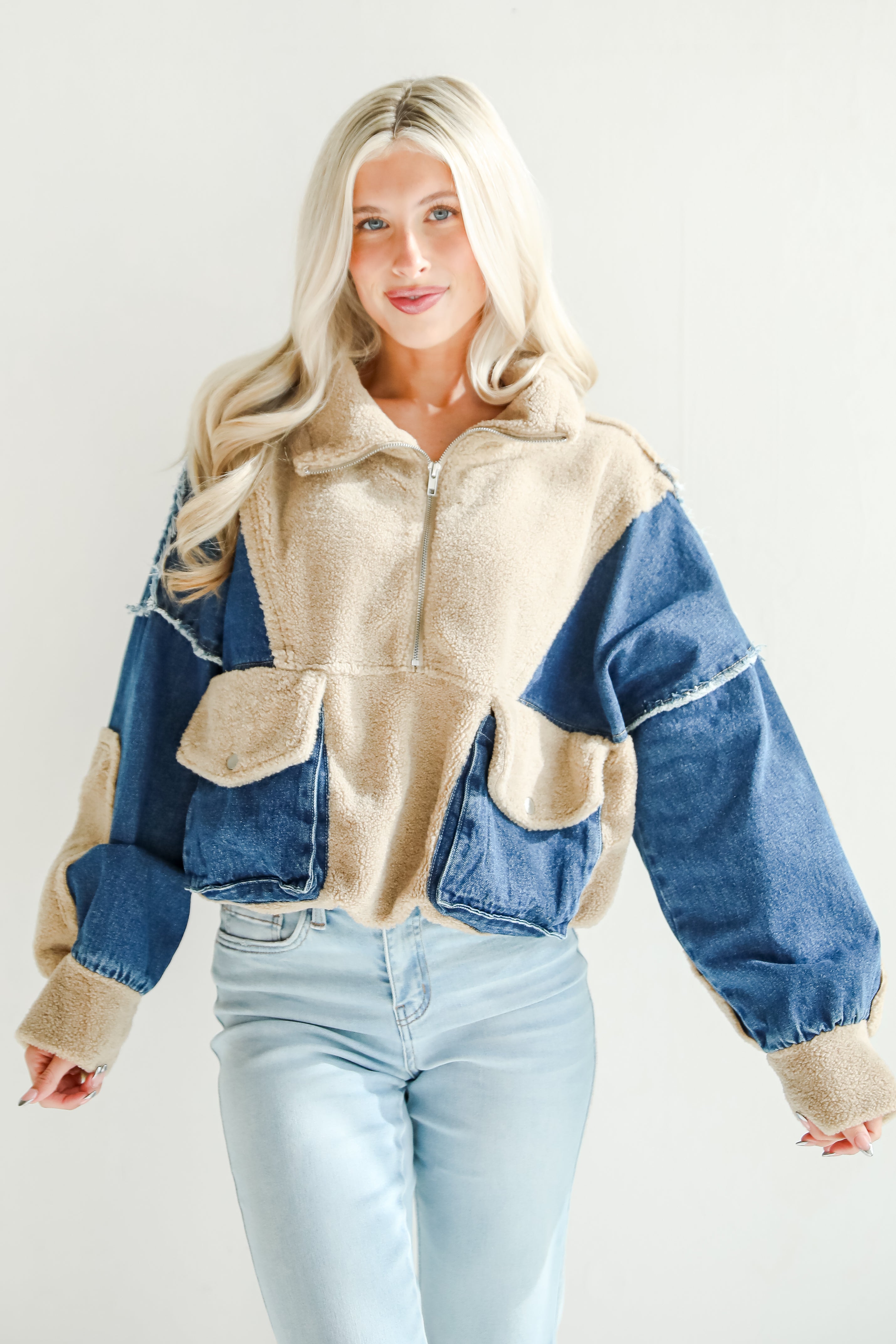 Nearest And Dearest Taupe Sherpa Denim Quarter Zip Pullover