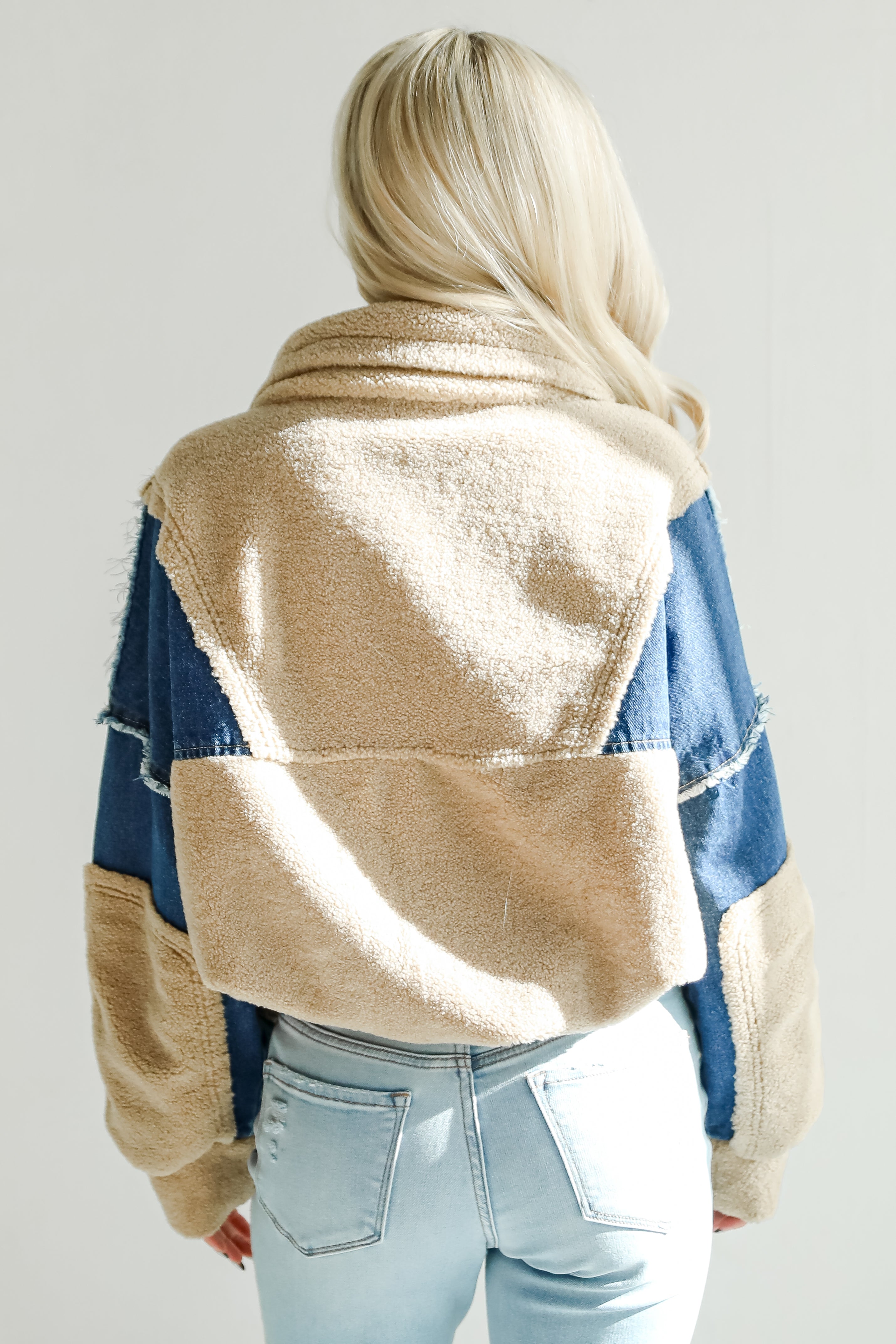 Nearest And Dearest Taupe Sherpa Denim Quarter Zip Pullover