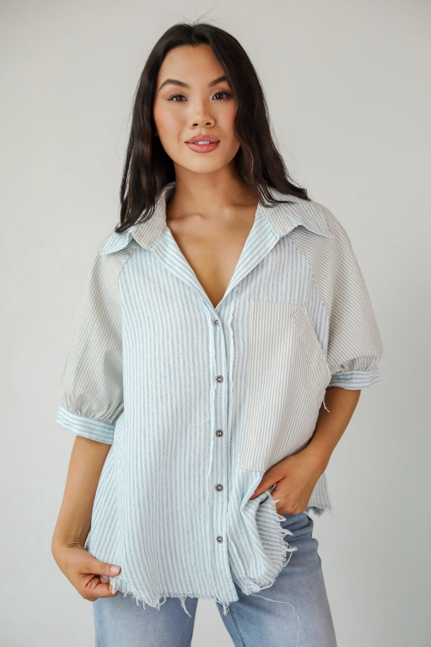 Lovable Aesthetic Denim Striped Blouse