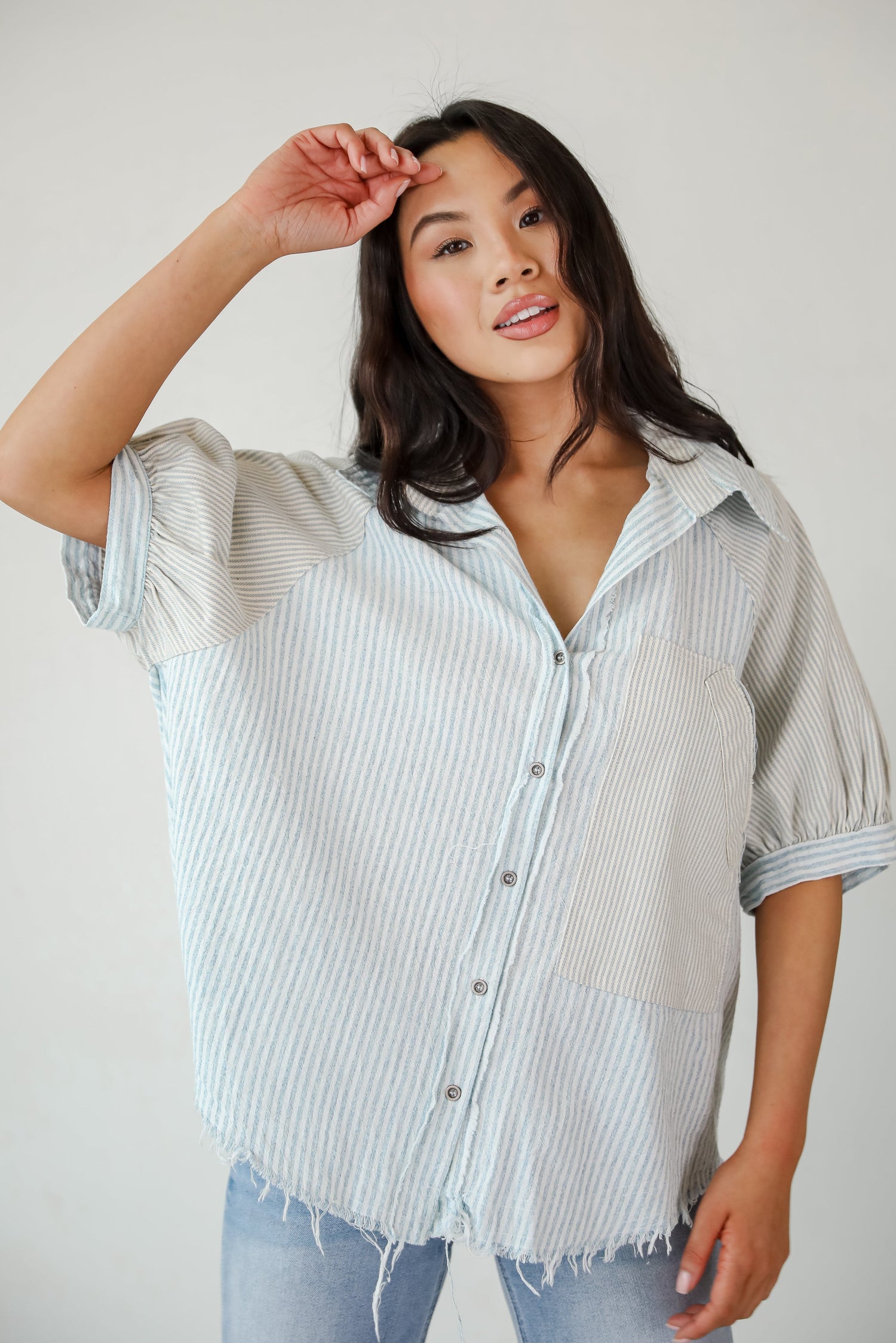 Lovable Aesthetic Denim Striped Blouse