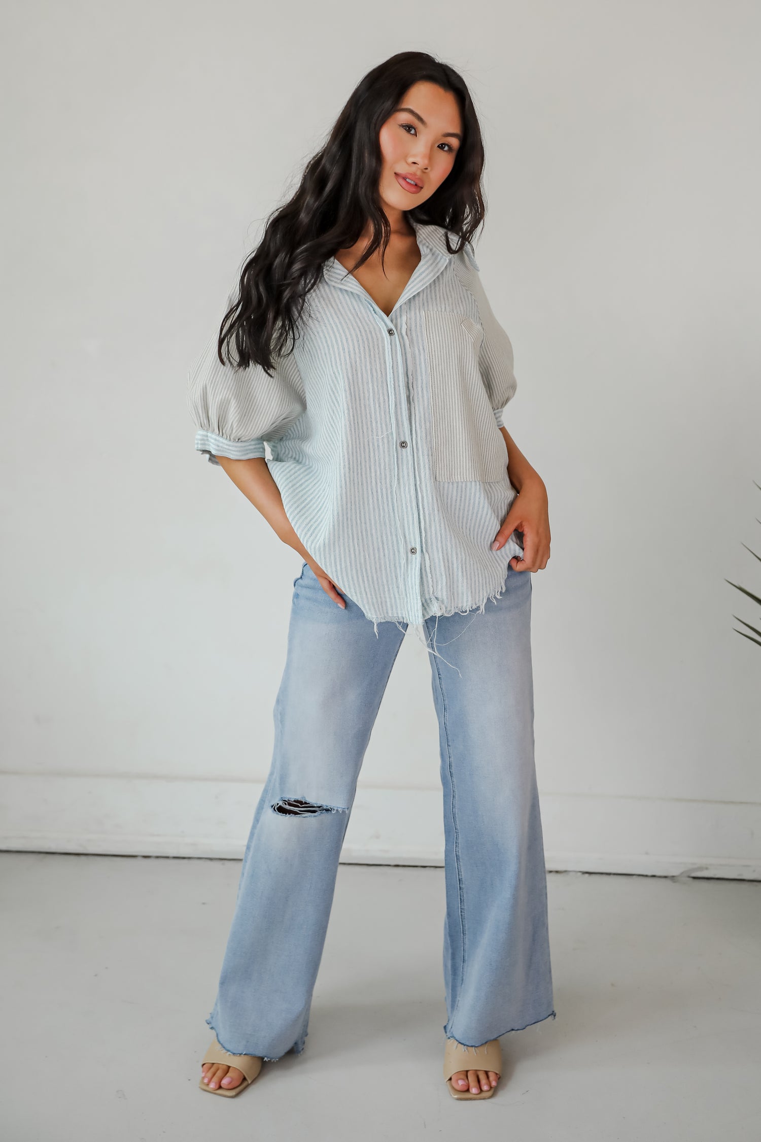 Lovable Aesthetic Denim Striped Blouse