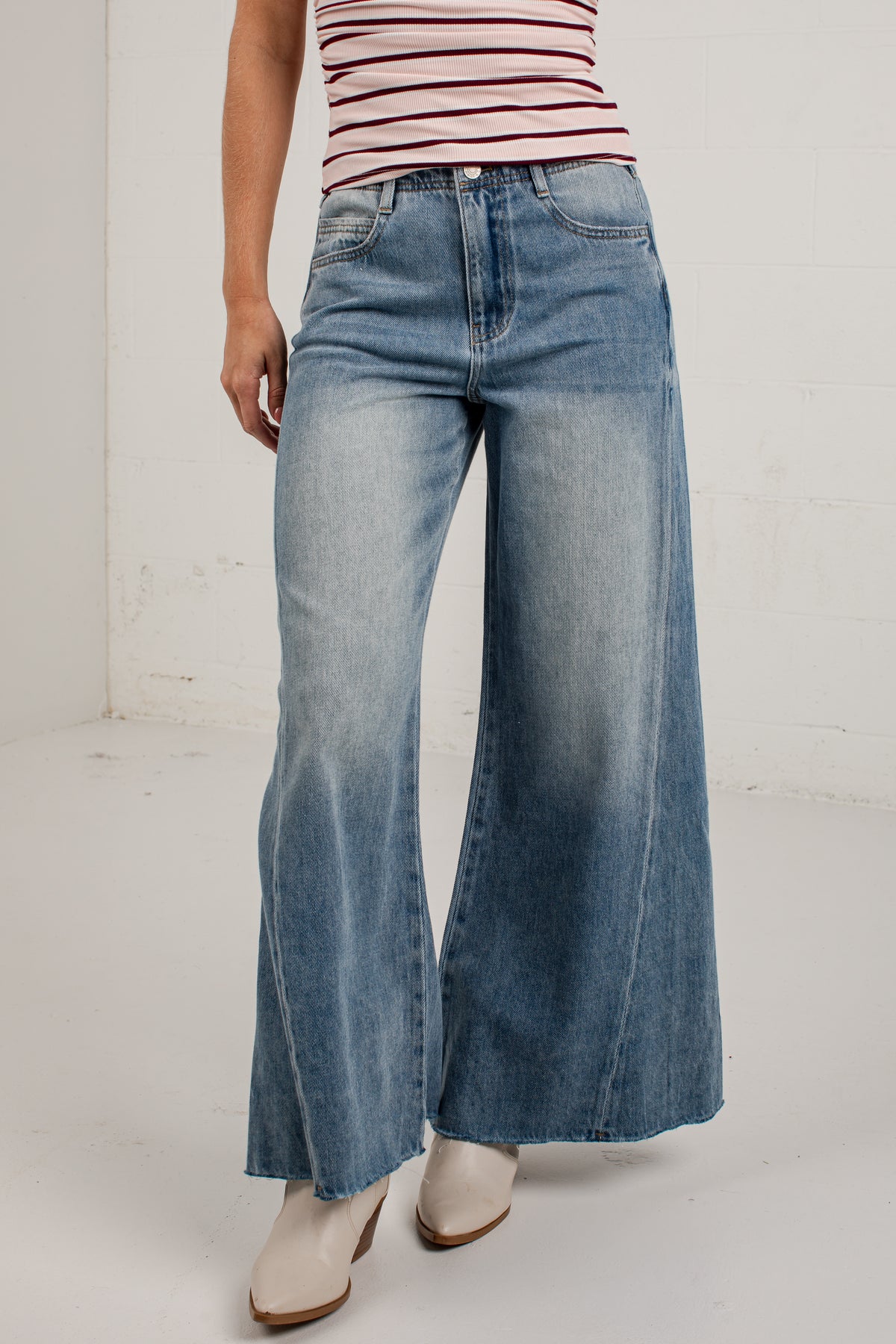 A person wearing wide-leg blue denim jeans with a faded wash, paired with a striped top and light-colored heeled boots, standing against a plain light gray wall.