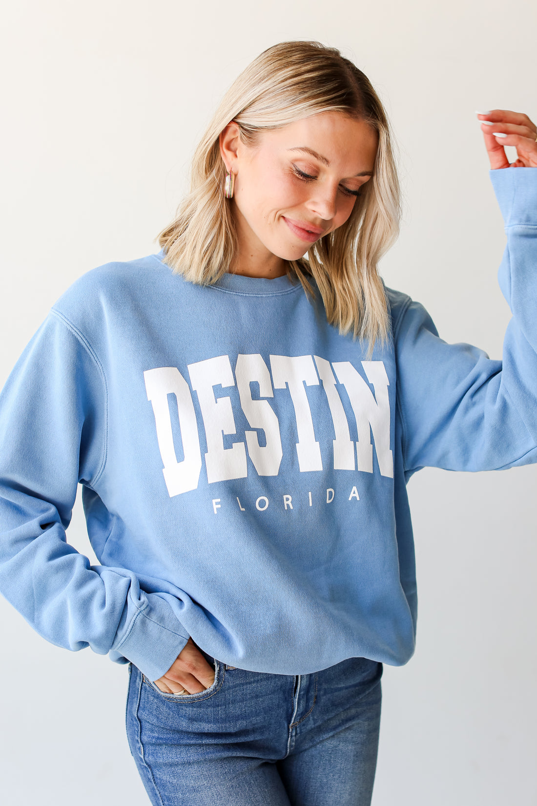 Blue Destin Florida Block Letter Pullover on model