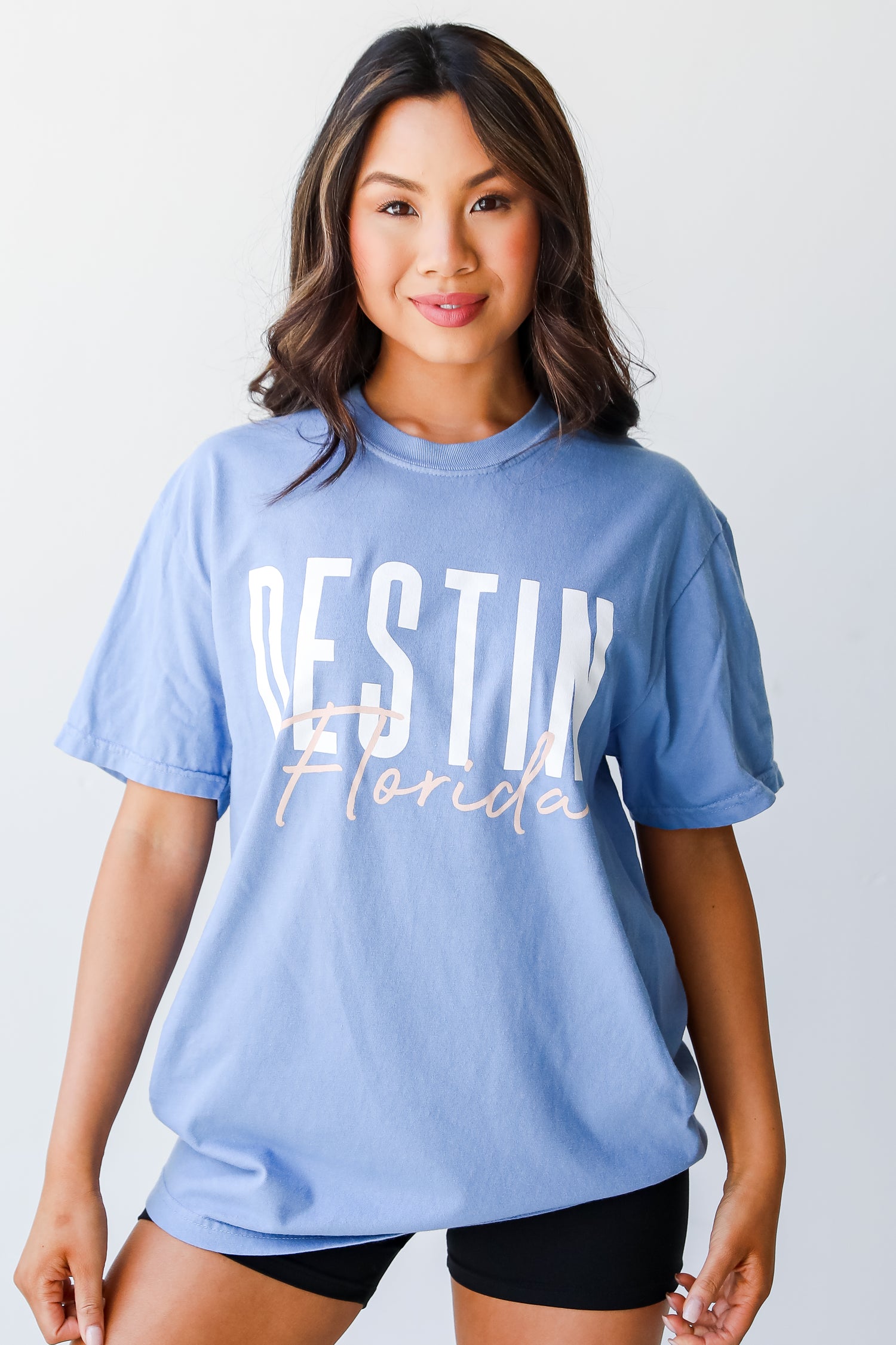 Light Blue Destin Florida Script Tee on model