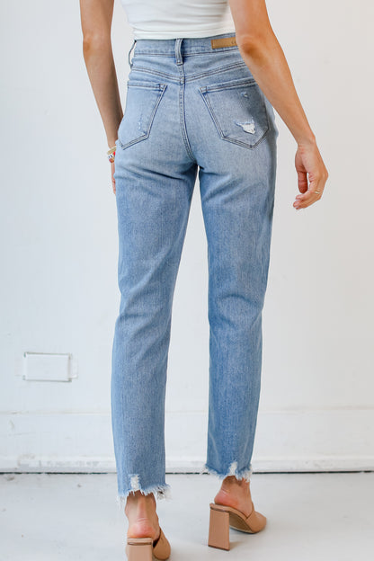 medium wash Distressed Mom Jeans back view