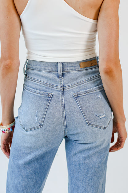 medium wash Distressed Mom Jeans back view close up