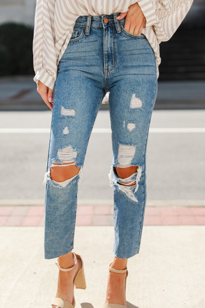 medium wash Distressed Mom Jeans