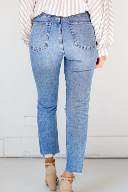 medium wash Distressed Mom Jeans back view