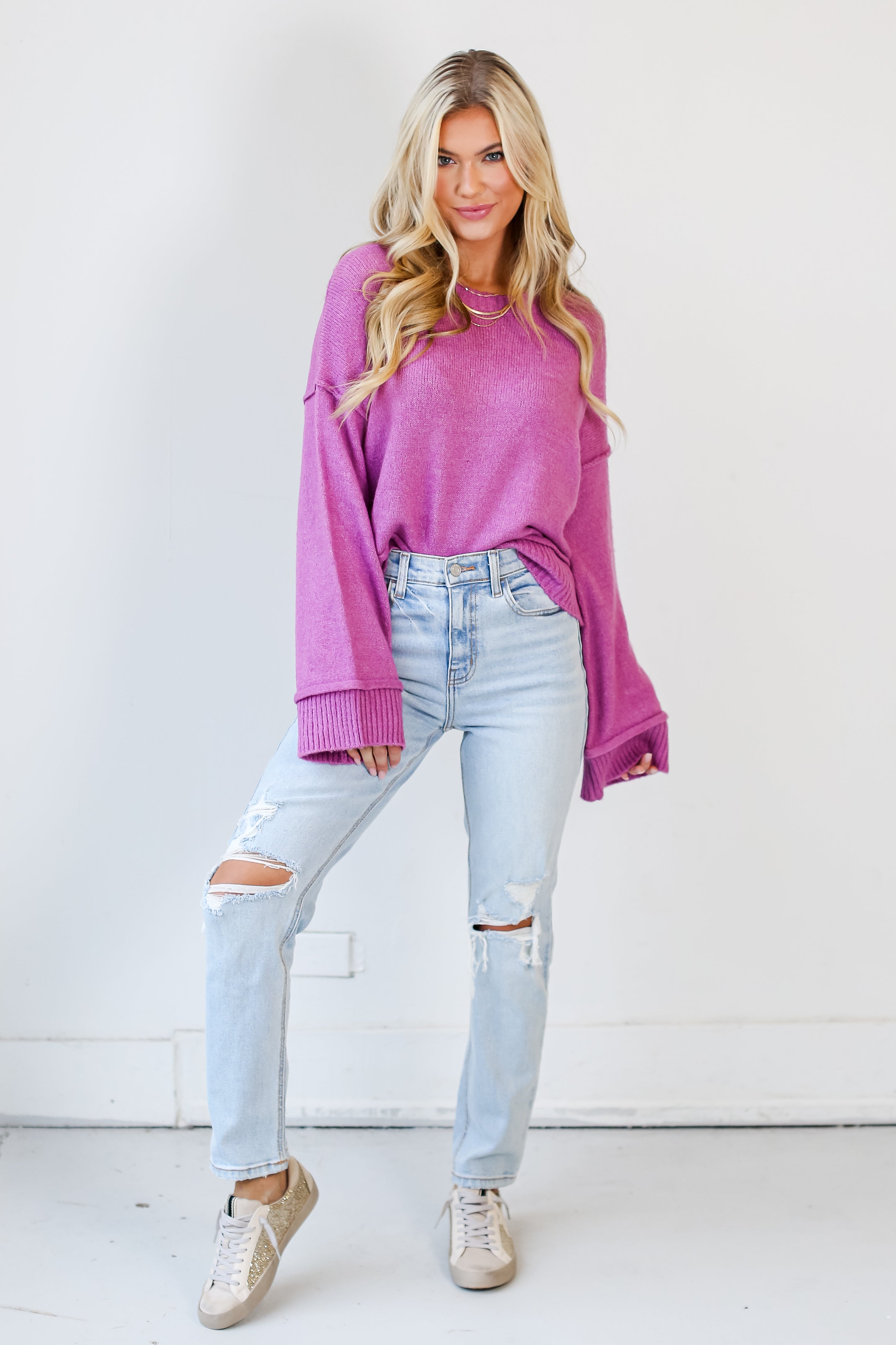 light wash Distressed Straight Leg Jeans front view