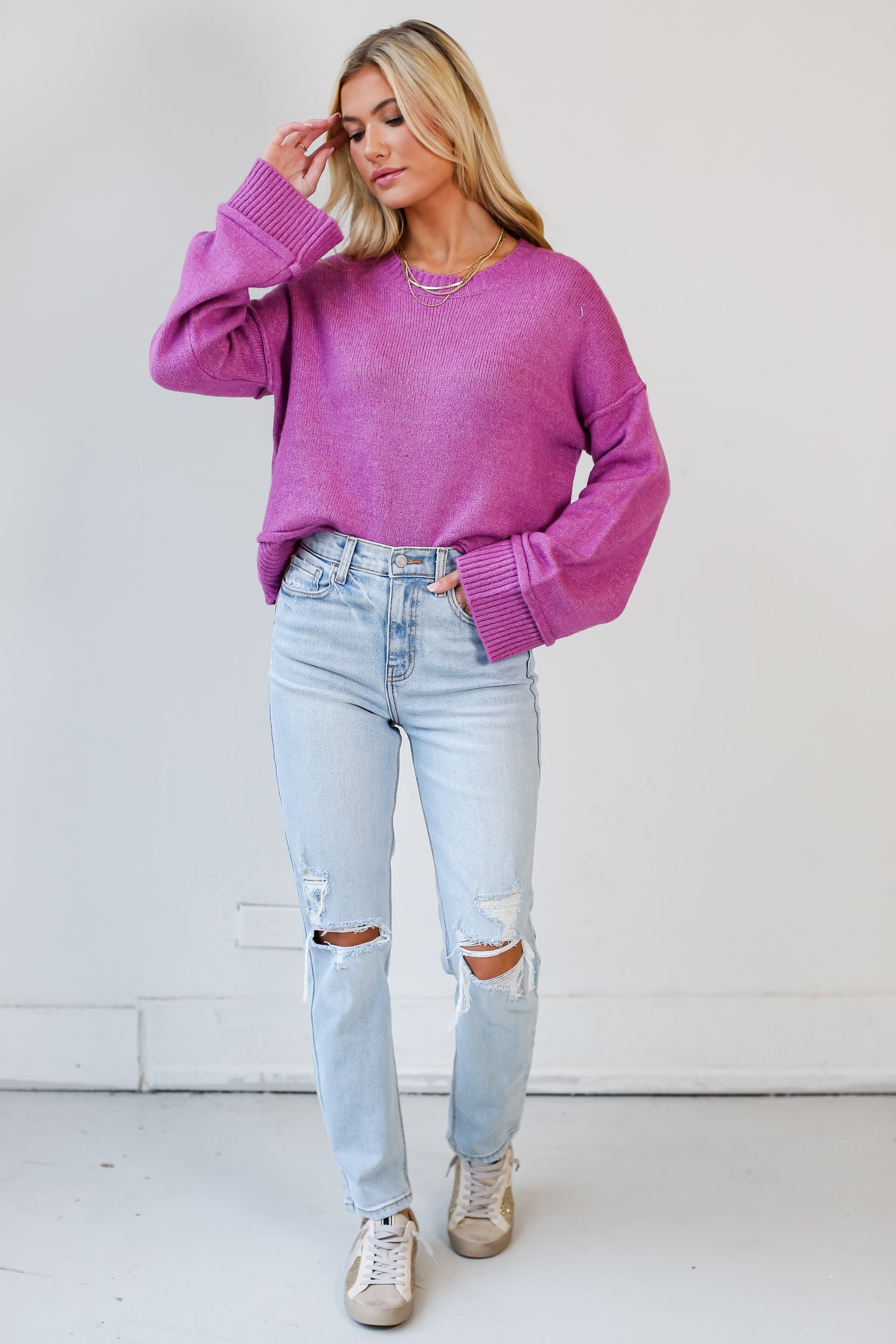 light wash Distressed Straight Leg Jeans on model