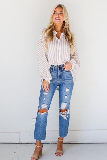 medium wash Distressed Mom Jeans front view