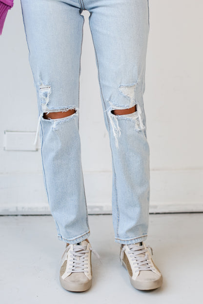 light wash Distressed Straight Leg Jeans close up