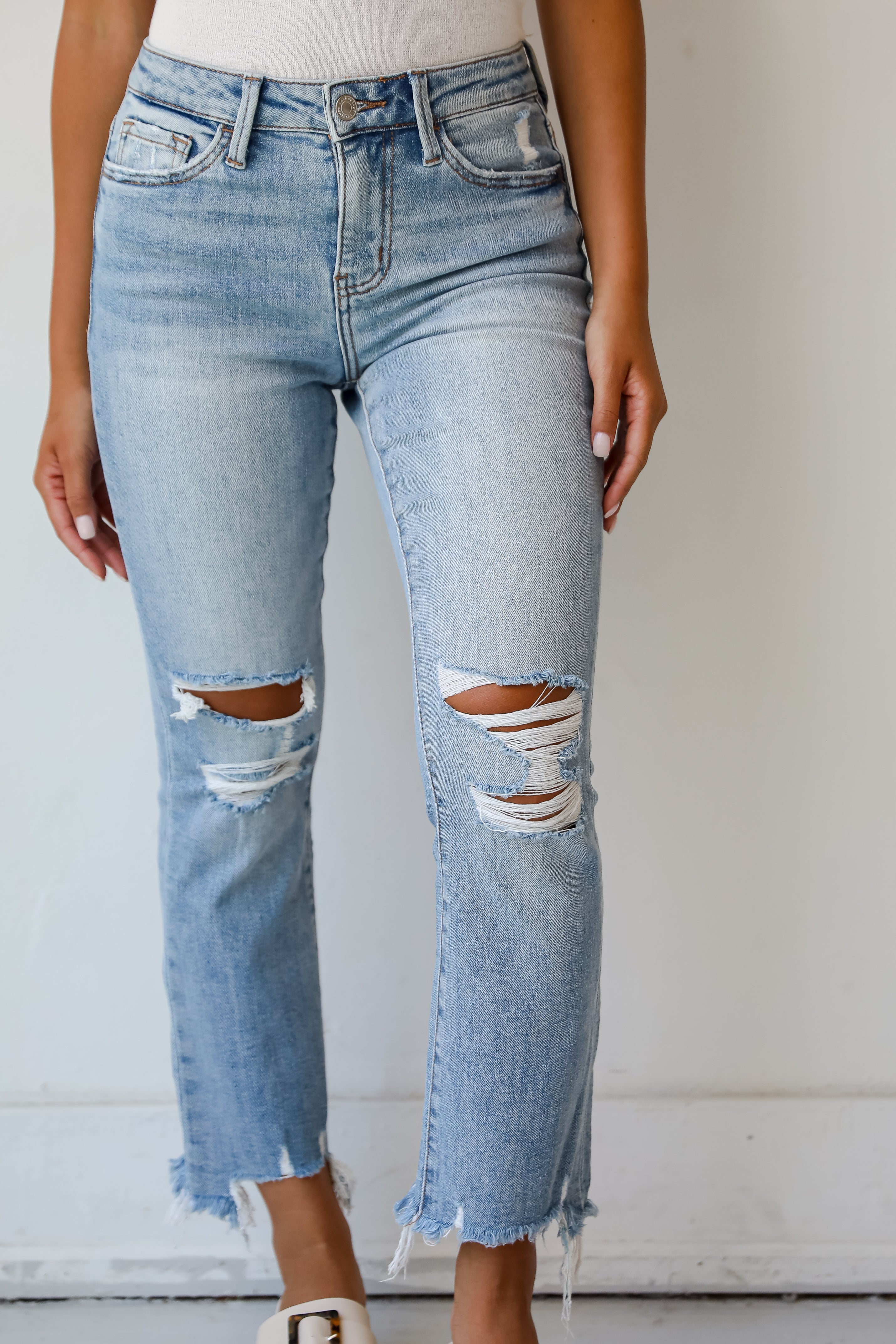 Cindy Light Wash Distressed Crop Flare Jeans