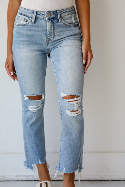 Cindy Light Wash Distressed Crop Flare Jeans