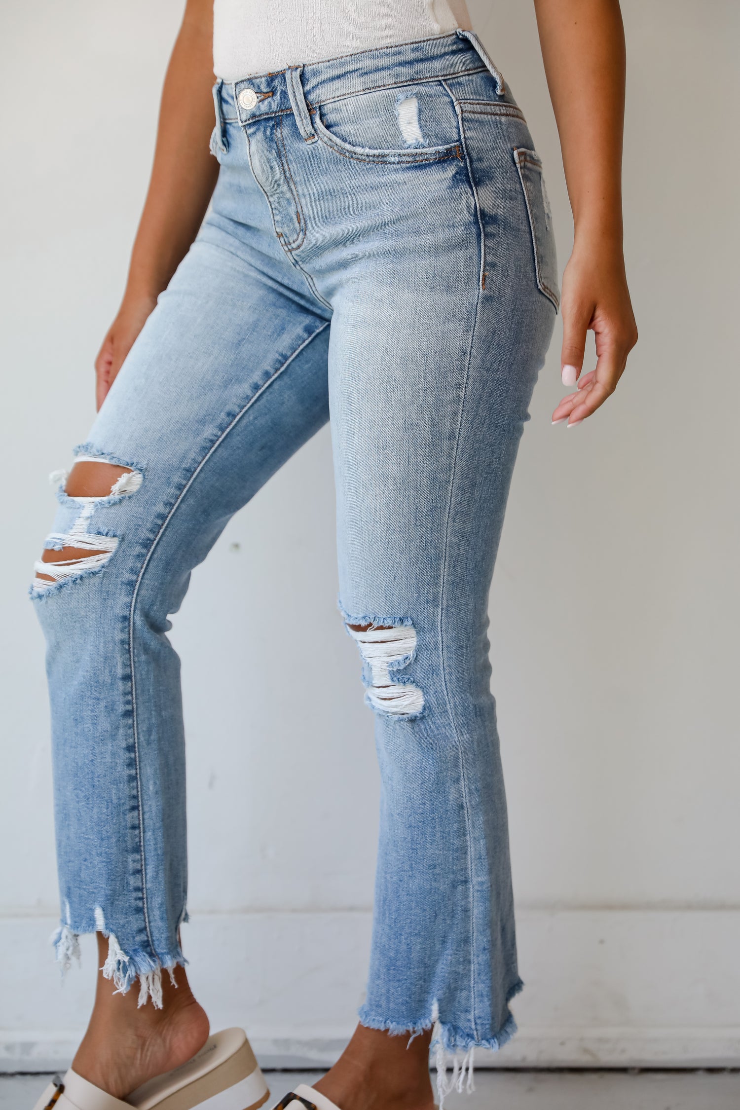 Cindy Light Wash Distressed Crop Flare Jeans