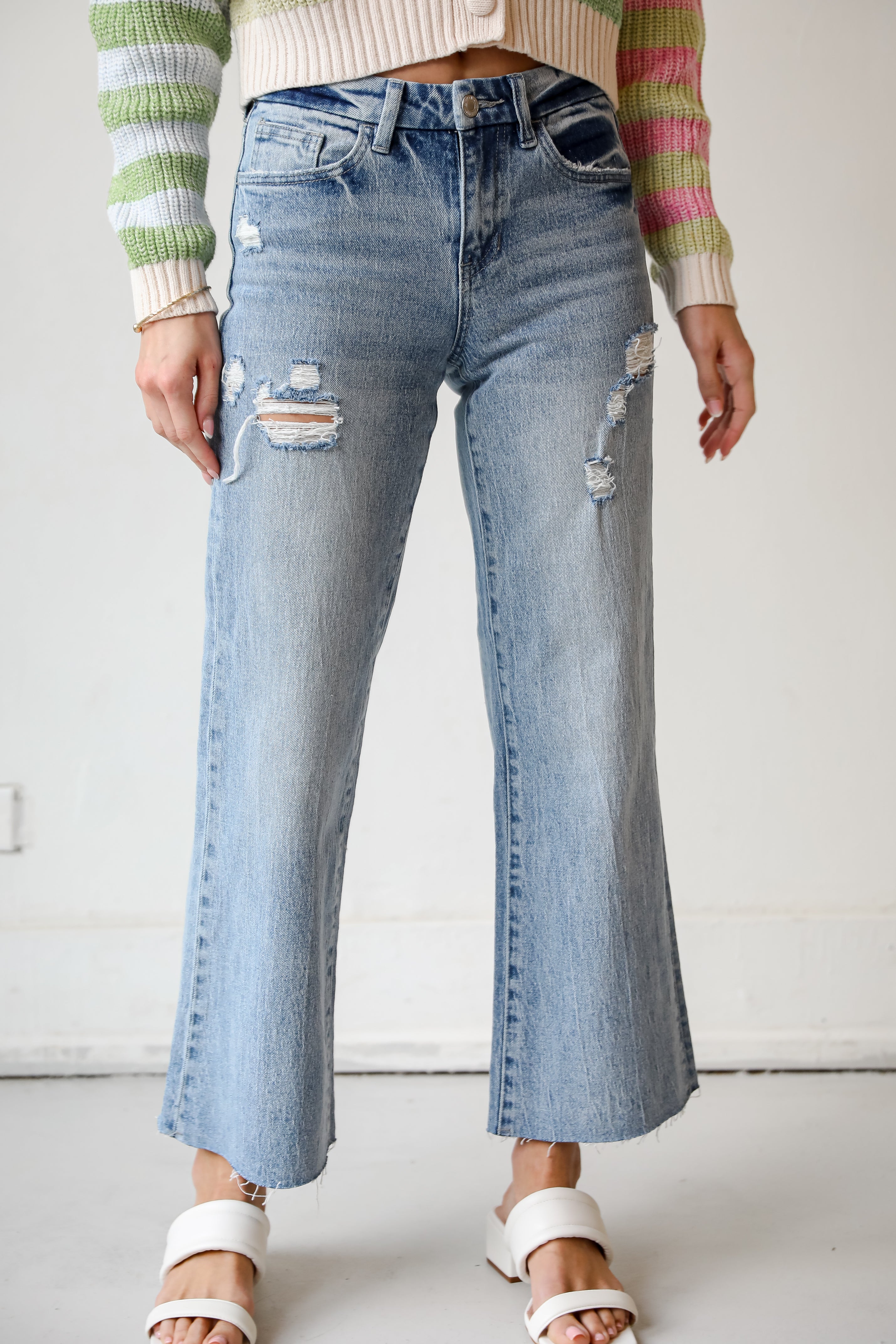 Medium Wash Distressed Wide Leg Jeans on model