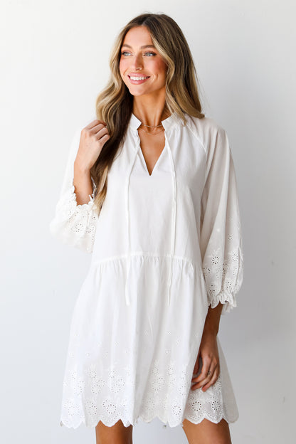 white Tiered Eyelet Mini Dress on dress up model