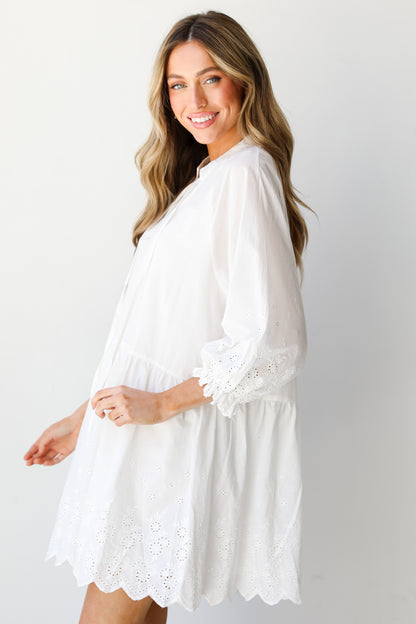 white Tiered Eyelet Mini Dress side view
