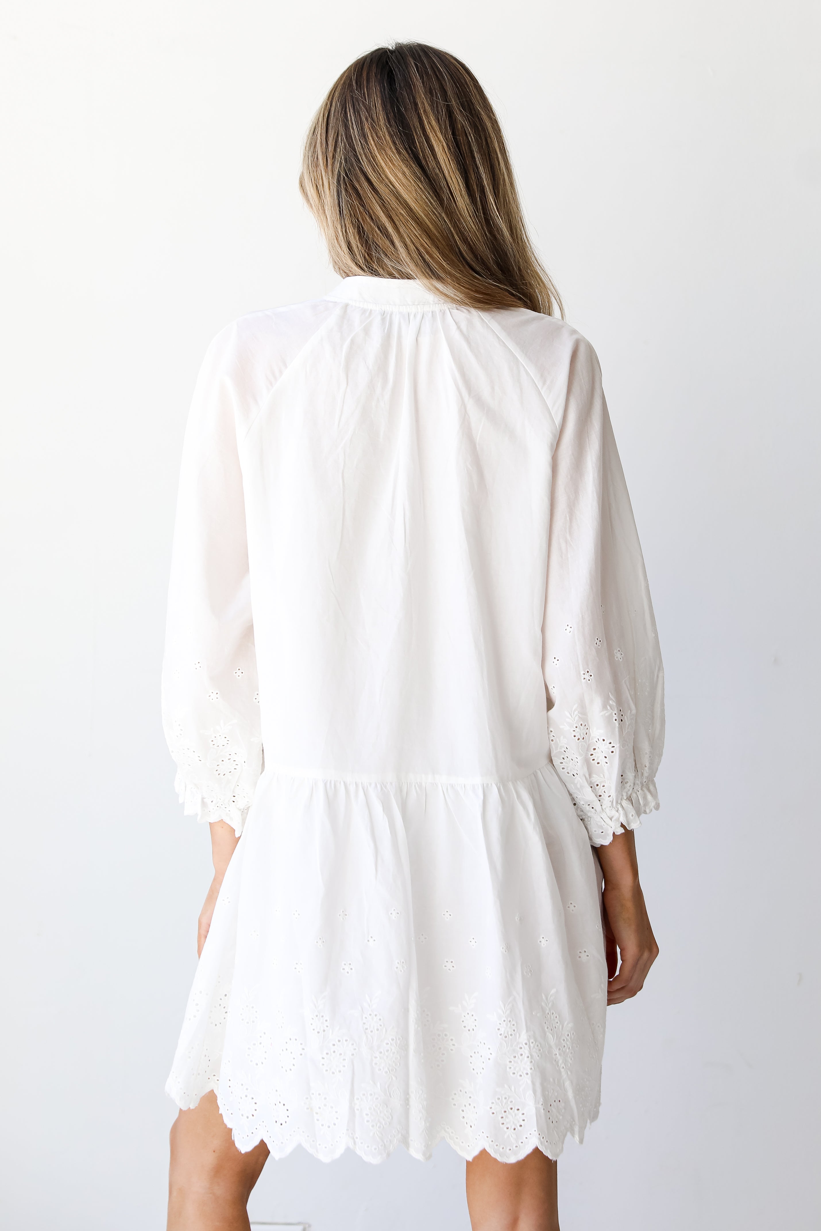 white Tiered Eyelet Mini Dress back view