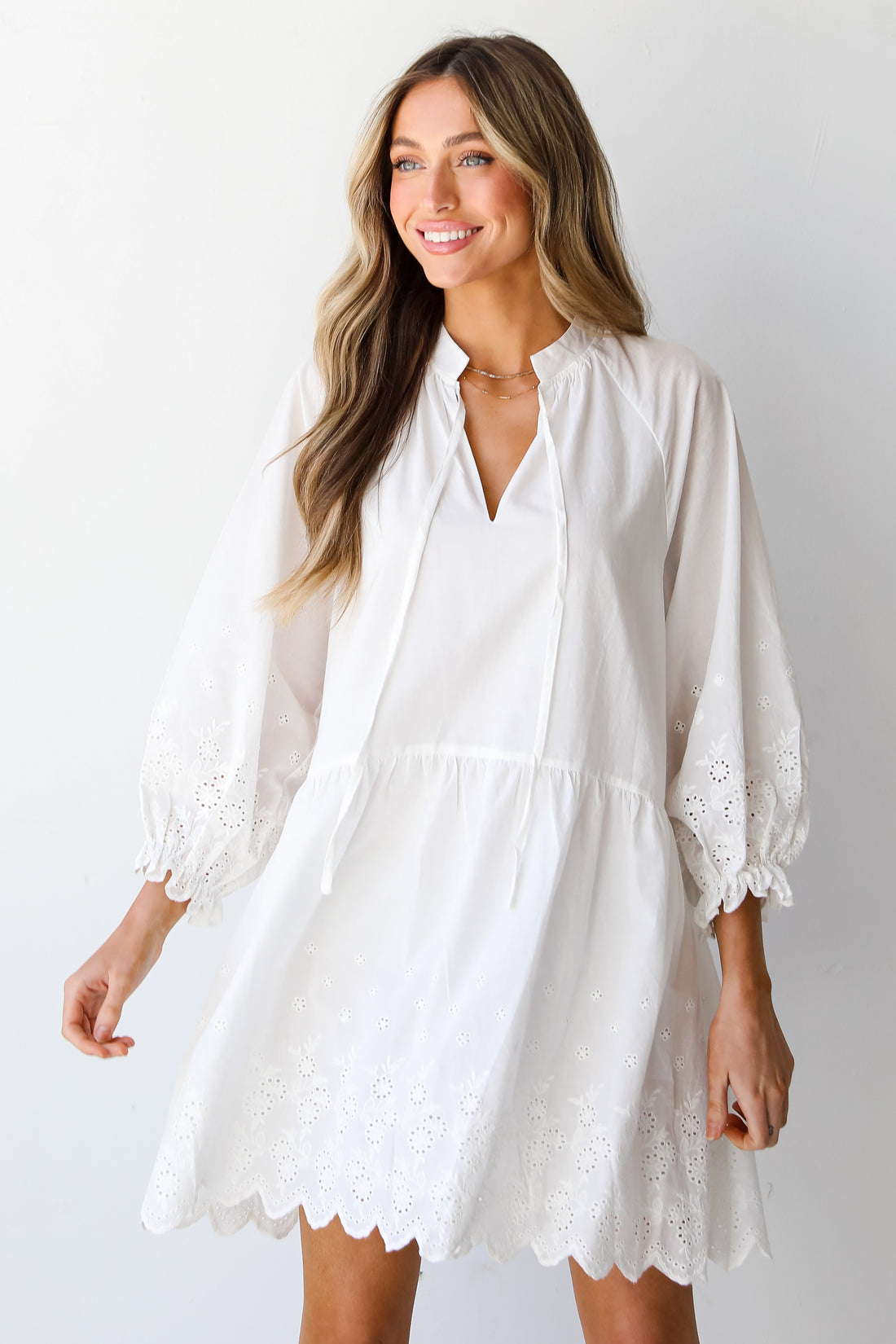 white Tiered Eyelet Mini Dress
