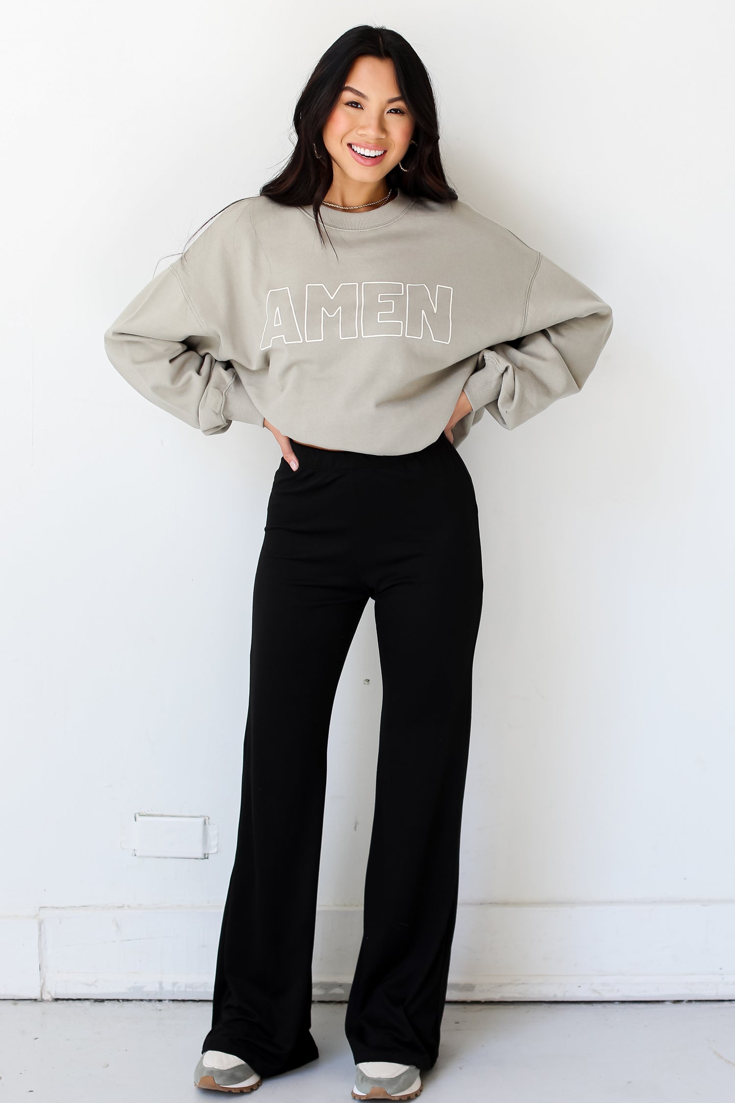 casual black Flare Pants on dress up model