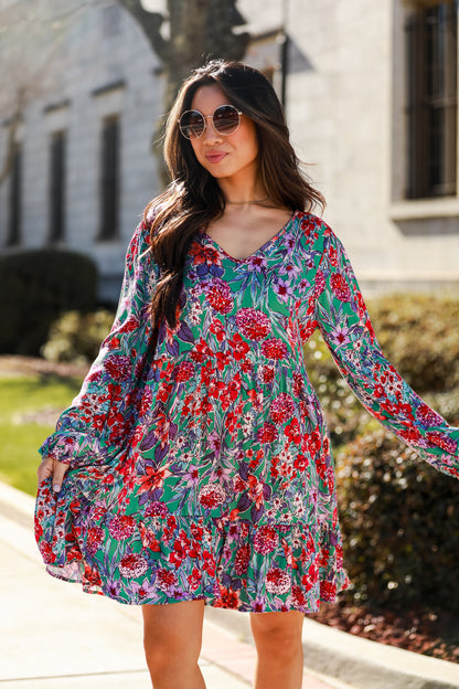 floral dresses. Long Sleeve Dress Adored Entrance Green Floral Babydoll Mini Dress. women&