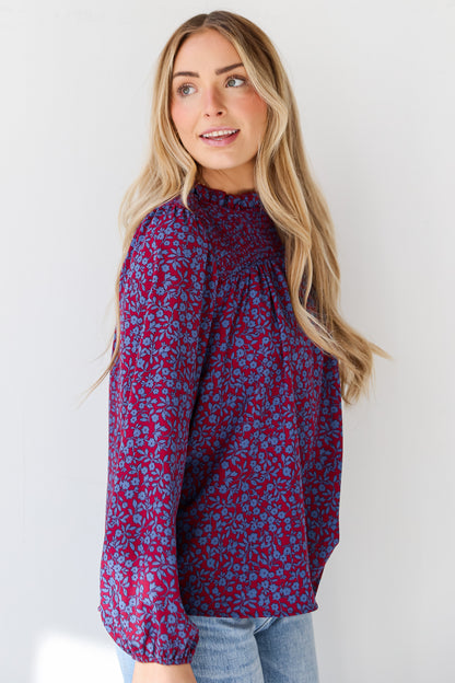 long sleeve Burgundy Smocked Floral Blouse