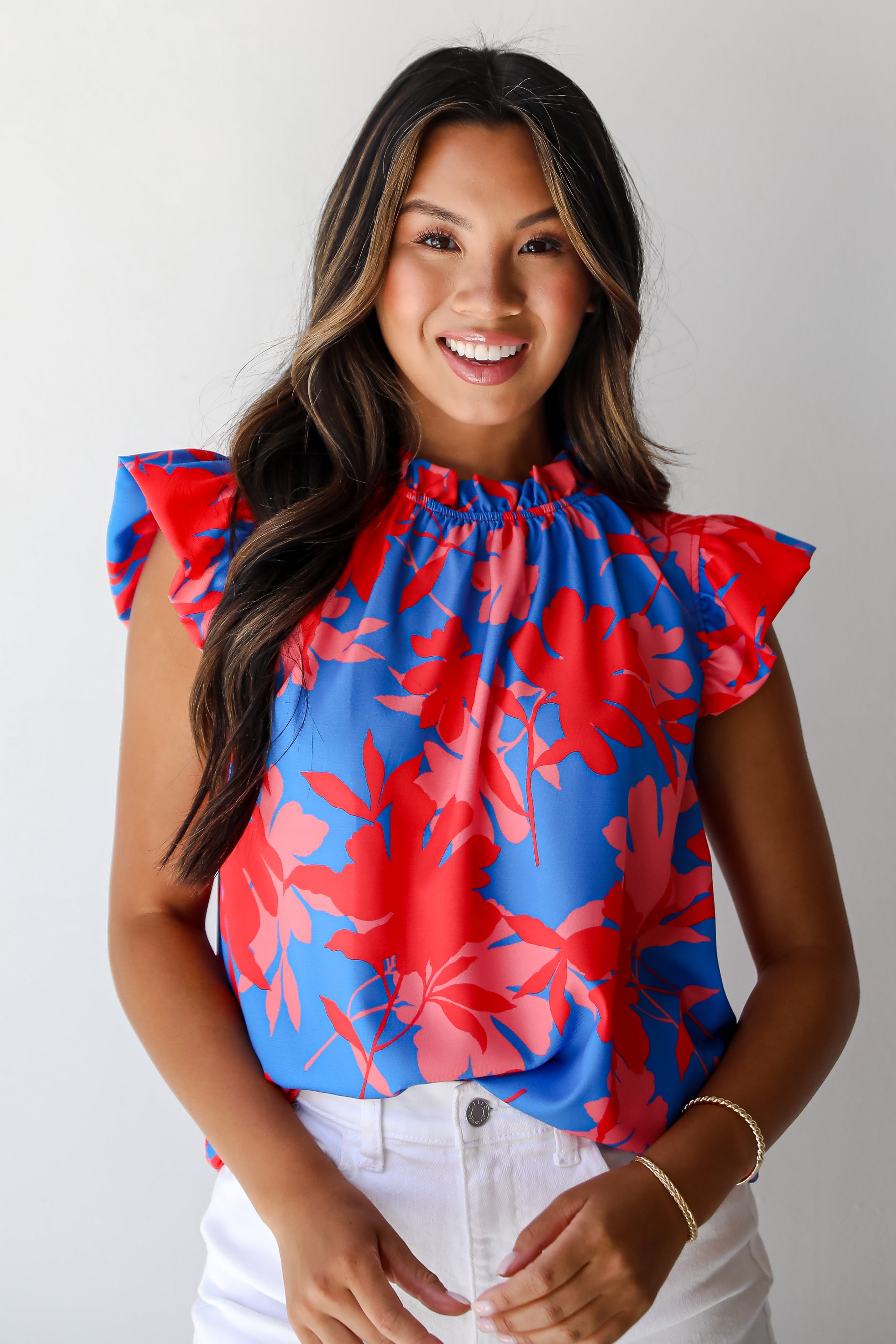 Always Elevated Blue Floral Ruffle Blouse