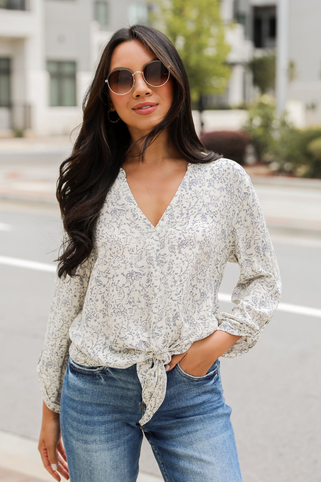 Decadently Sweet Cream Floral Tie-Front Blouse