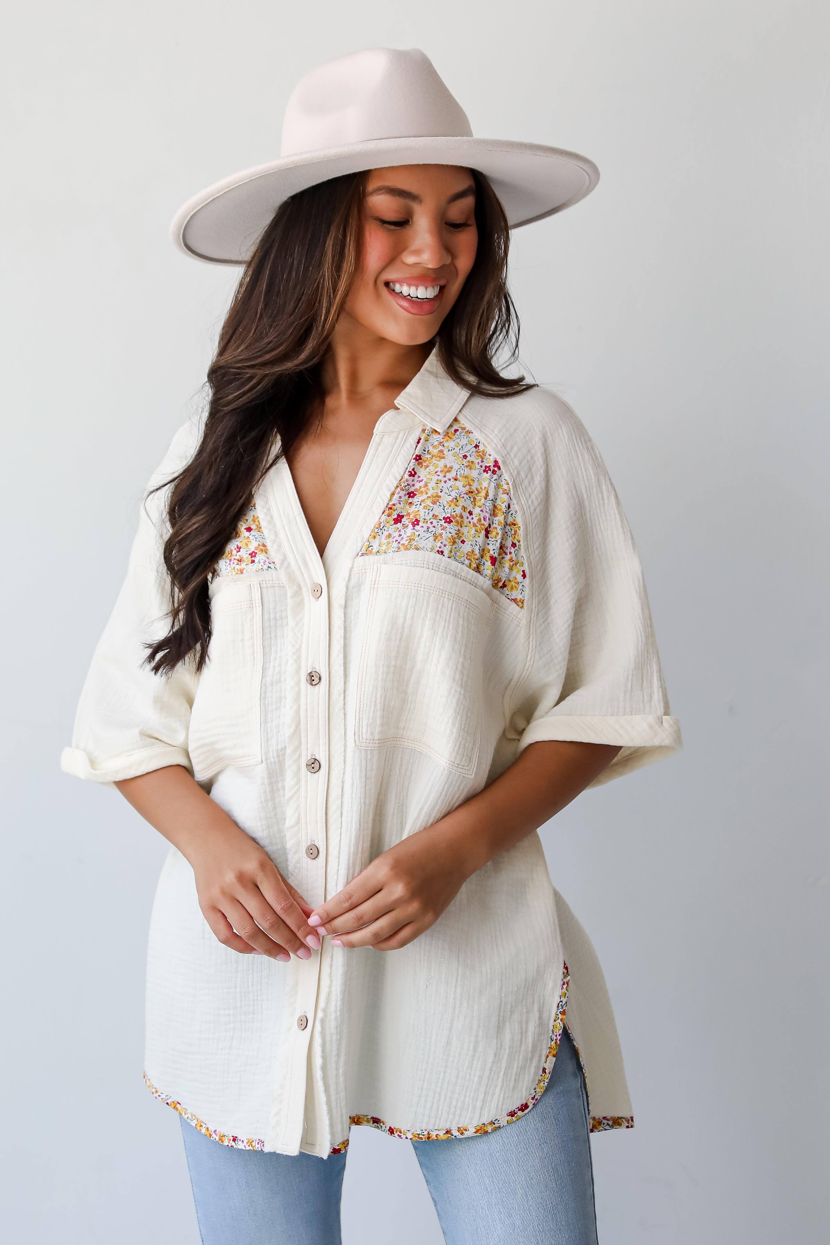 Number One Choice Ivory Floral Linen Blouse