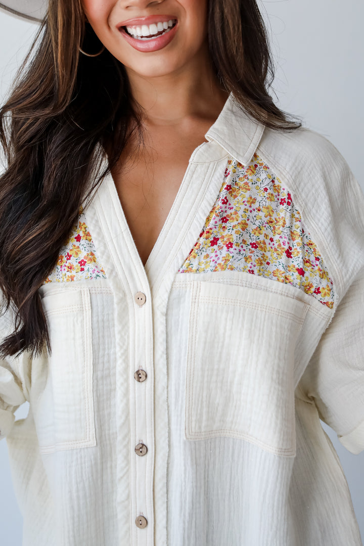 Number One Choice Ivory Floral Linen Blouse