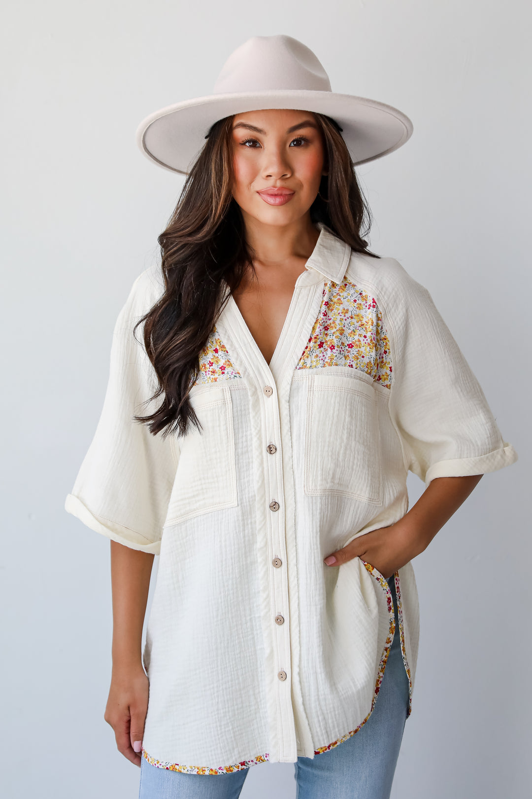 Number One Choice Ivory Floral Linen Blouse