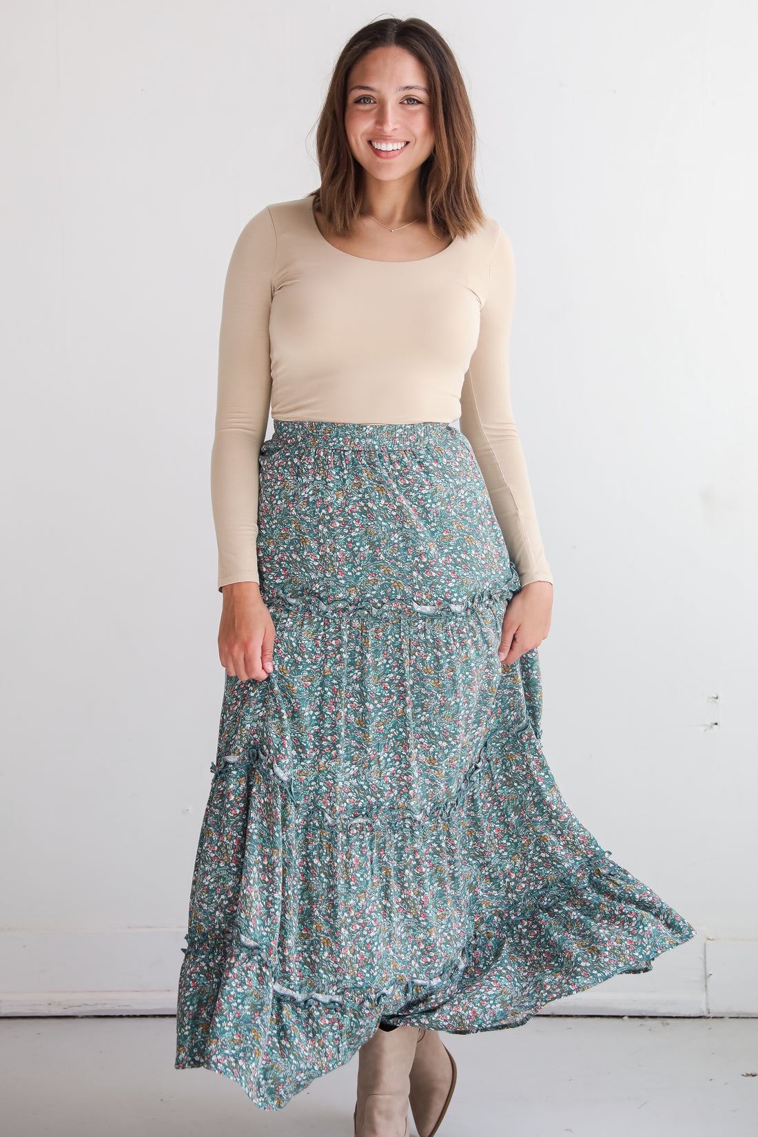 Feeling So Sweet Teal Floral Tiered Maxi Skirt