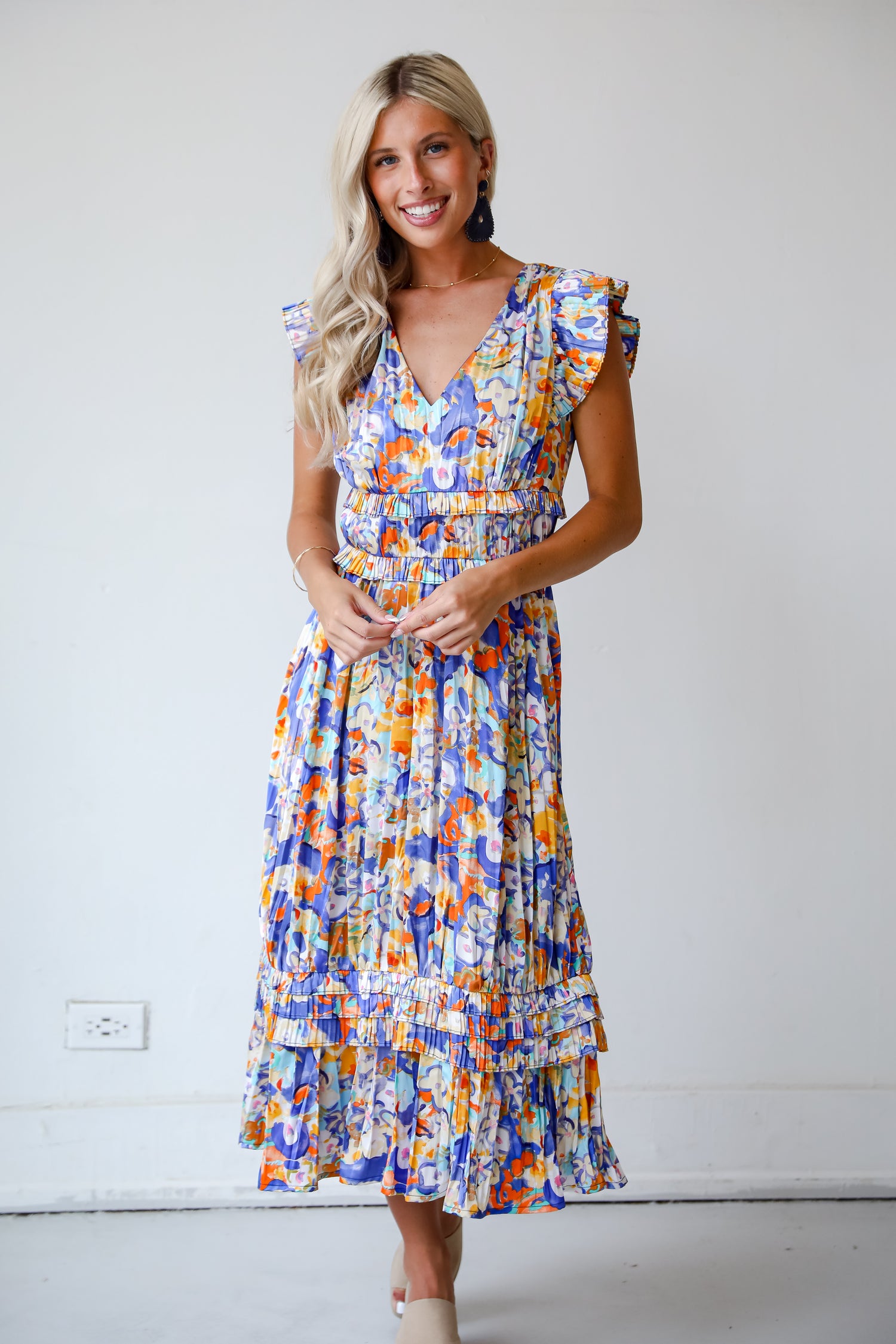 Ethereal Muse Royal Blue Satin Floral Midi Dress