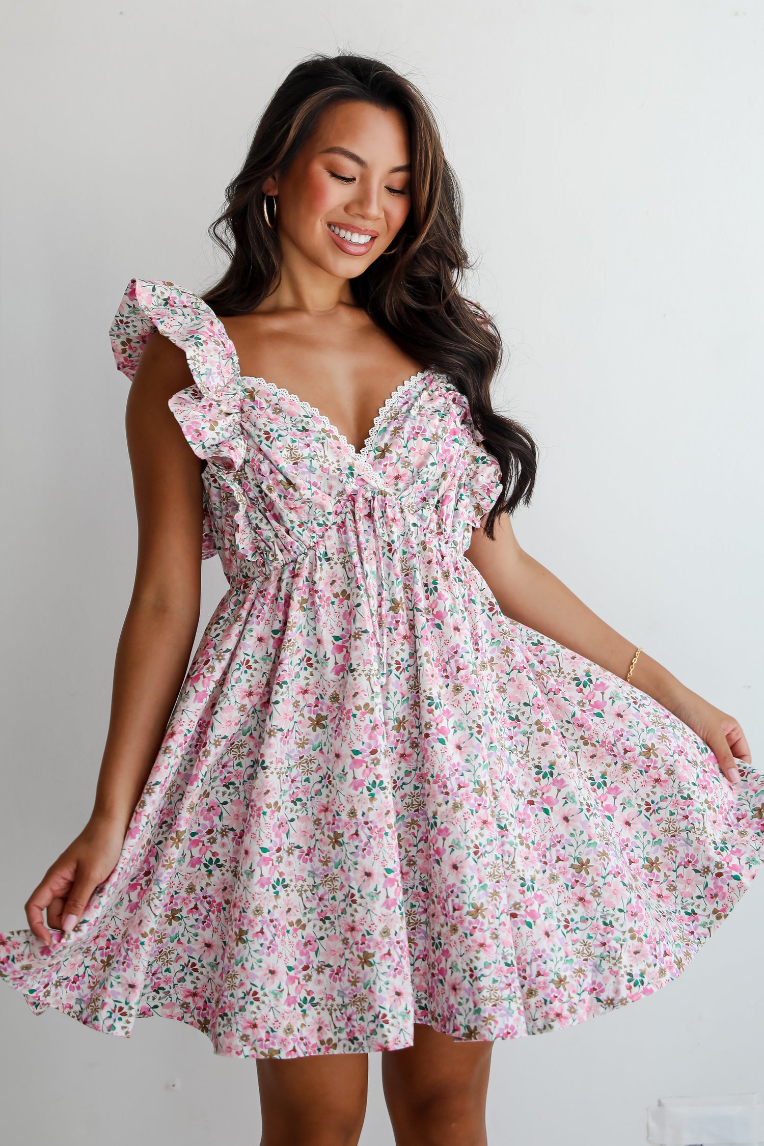 Exclusive Sweetness Pink Floral Ruffle Mini Dress