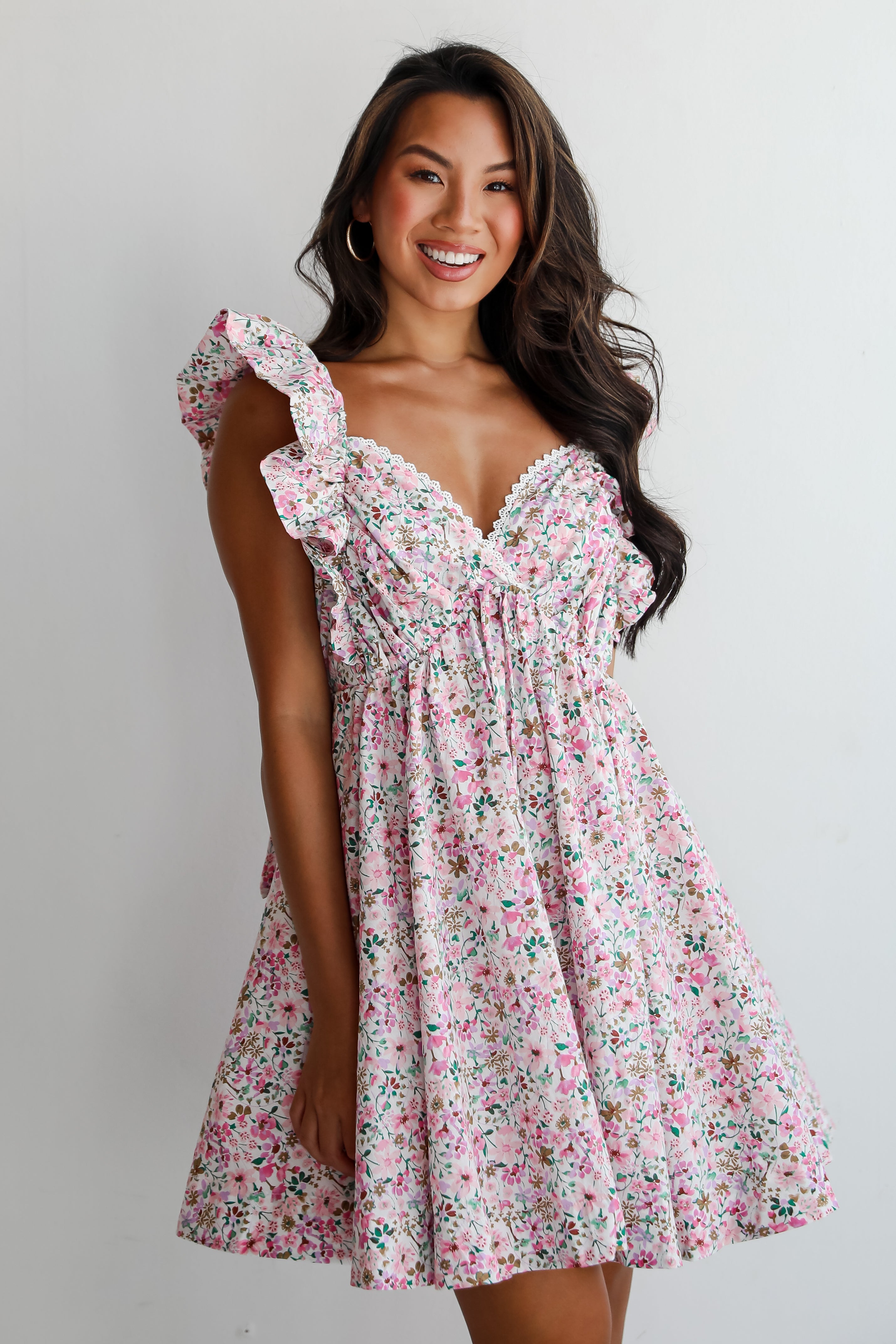 Exclusive Sweetness Pink Floral Ruffle Mini Dress