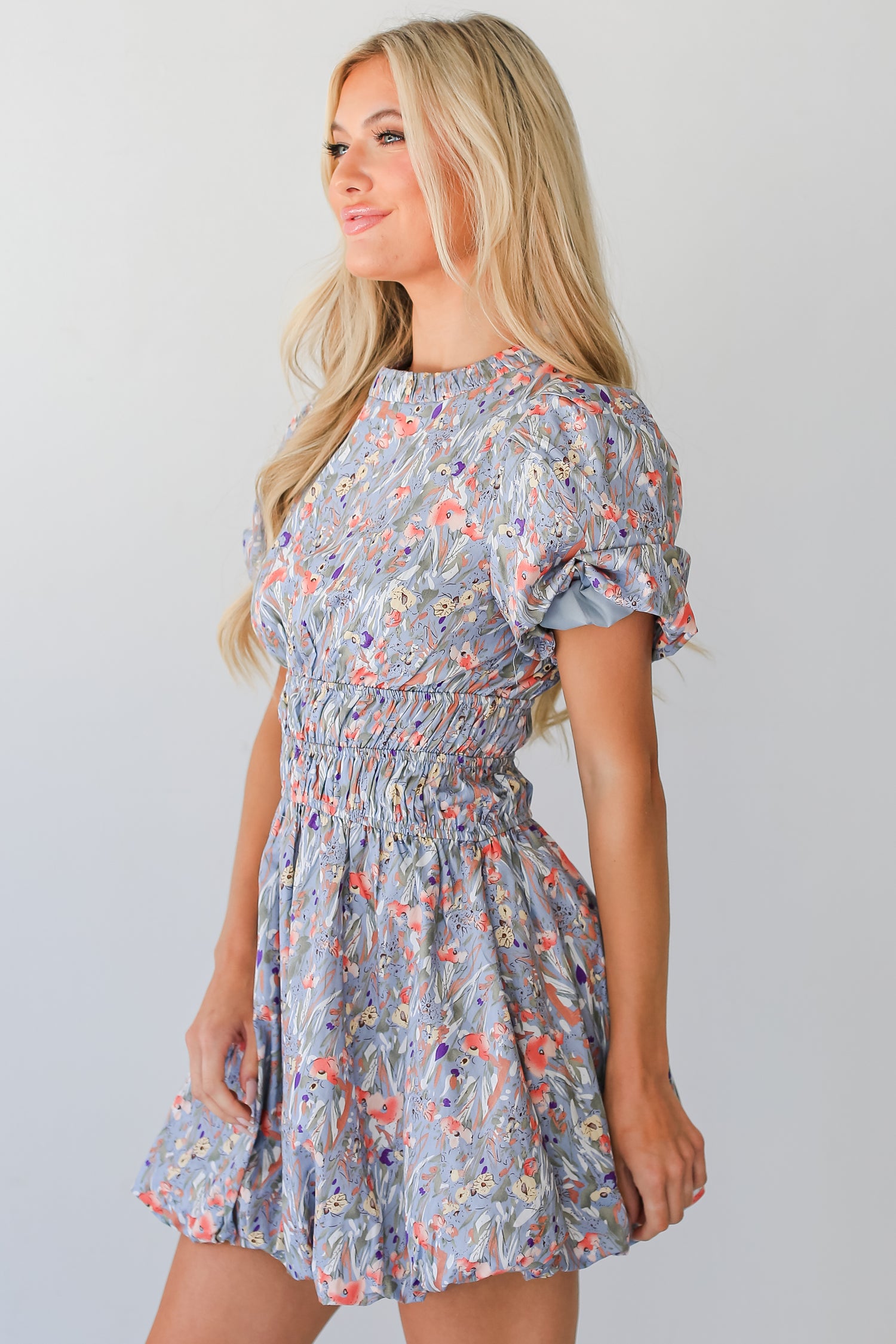 blue Floral Bubble Mini Dress side view