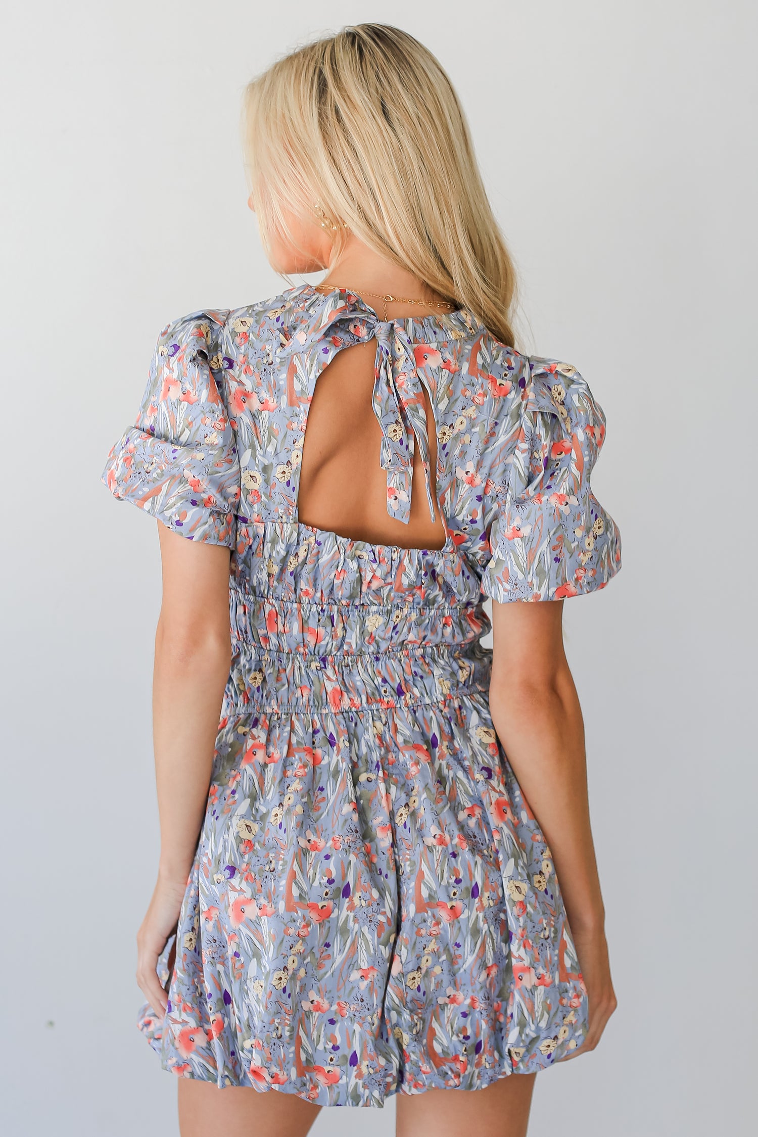 blue Floral Bubble Mini Dress back view 