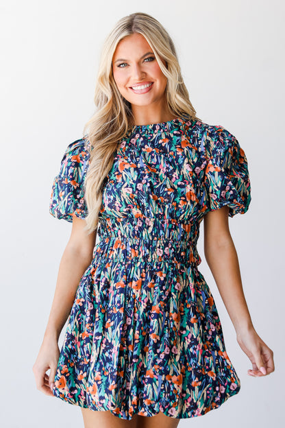 navy Floral Bubble Mini Dress on dress up model